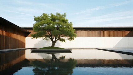Fototapeta premium Modern minimalist courtyard with a solitary tree reflected in a calm water pool