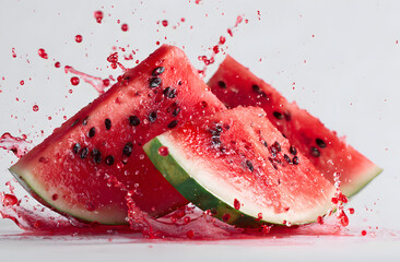 Collection fresh watermelon slices. Red juicy fruit splashing red juice. Black seeds. Vitamin source for healthy diet. White background. Refreshment, summer mood. Vegetarian food, tropical cuisine.