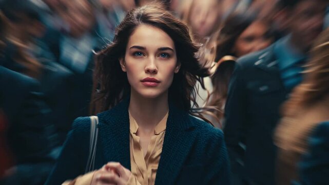 A young professional navigates through a bustling city crowd showcasing resilience and determination in a fast-paced world.