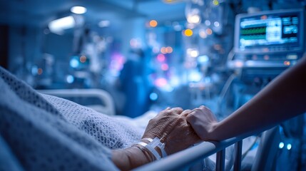 A compassionate nurse holds the hand of an elderly patient in a hospital's intensive care unit.