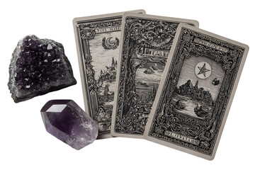 vintage tarot cards with amethyst crystal. Witchy Prop PNG Isolated on transparent for Halloween and Magical Fantasy Decor 