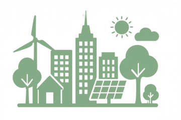Green city landscape promoting renewable energy with wind turbine and solar panels, on a transparent background