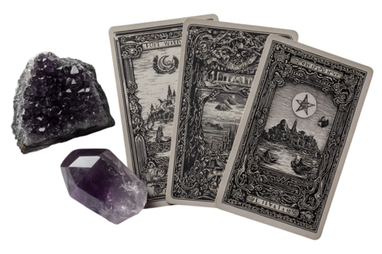 vintage tarot cards with amethyst crystal. Witchy Prop PNG Isolated on transparent for Halloween and Magical Fantasy Decor