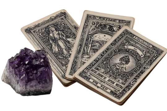 vintage tarot cards with amethyst crystal. Witchy Prop PNG Isolated on transparent for Halloween and Magical Fantasy Decor