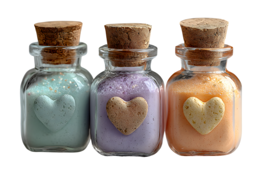 glass potion bottles filled with tiny sparkles inside, Halloween witchy desk prop, cute pastel style. isolated on transparent background with clipping path 