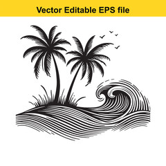 Island, beach, palm palm trees and ocean wave silhouette isolated on white background