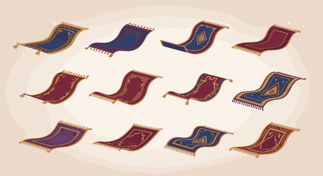 Collection of twelve cartoon style flying carpets with different colors and patterns on a light background