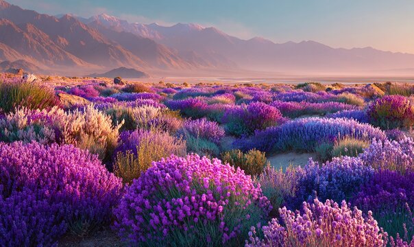 Campi di lavanda in fiore in un paesaggio desertico al tramonto, con montagne sullo sfondo.