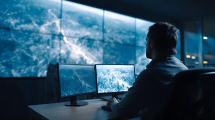 Futuristic logistics control room with high tech digital displays and monitoring systems