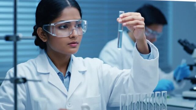 Young Indian female scientist in protective goggles carefully analyzing a sample in a test tube in a modern medical laboratory.
