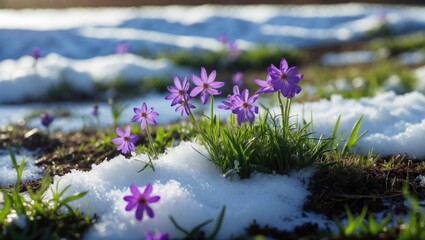 Purple flowers emerging from snow on the ground in a natural outdoor setting.