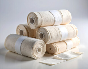 Stacked rolls of medical bandages against a neutral background, showcasing medical supplies