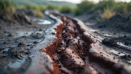 A dirt road with tire tracks, muddy and uneven, stretching through a natural landscape with greenery and hills in the background.