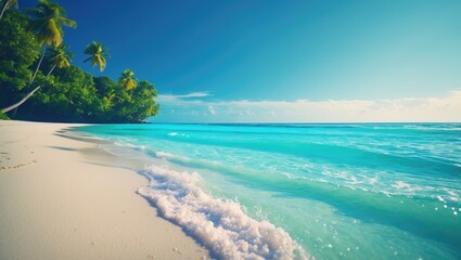Fototapeta premium Tropical beach with white sand, palm trees, and turquoise water under a bright blue sky.