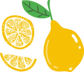 Abstract Lemon fruit, childish hand drawn doodle sketch isolated on white background. Flat vector illustration Food template for menu, lemon juice label, tea tag. Citrus whole fruit, half and slice.