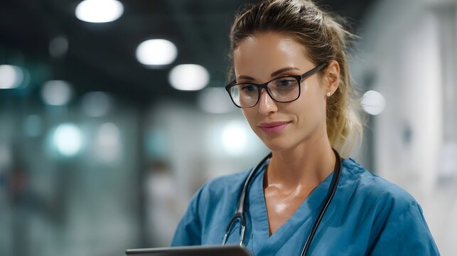 Nurse using tablet to monitor patient vitals in a tech enabled medical setting