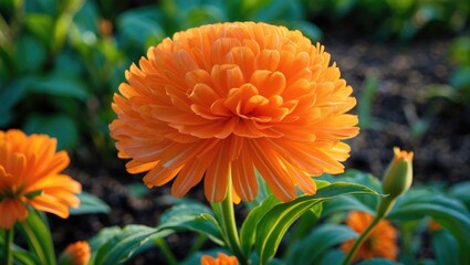 Bright orange flower bloom in a garden with green leaves and some buds around.