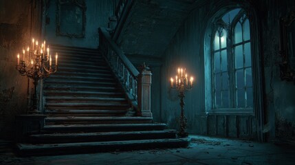 Fototapeta premium interior view of a Victorian Haunted House Staircase by the Moon — Candlelit Gothic Hall