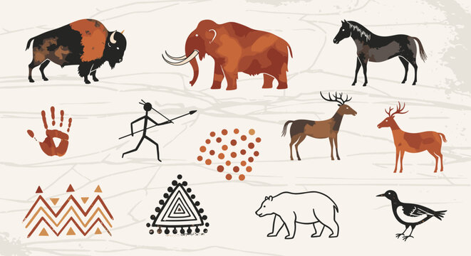 Cave painting style illustration featuring animals, human figure and abstract symbols in earthy tones
