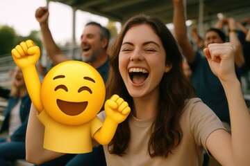 Obraz premium Excited fans cheering and celebrating with emoji in stadium bleachers