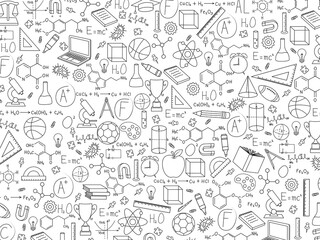 Drawn school formulas, physics, chemistry, geometry, biology, atoms, bacteria, microscope, books, notebooks. Back to school. School background for design. Scientific equipment drawn with lines.