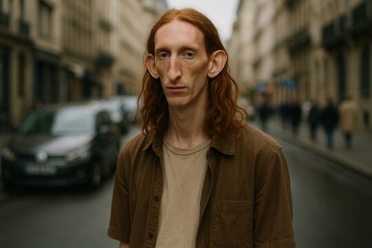 Fototapeta Unusual redhead male model posing in Paris street