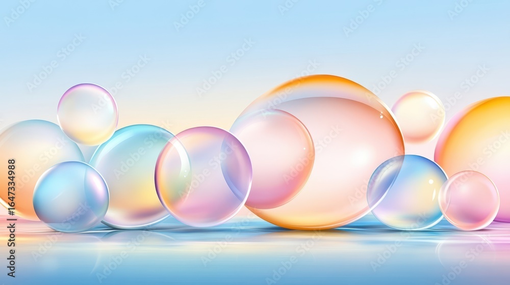 Wall mural a captivating display of iridescent bubbles in various sizes, creating a magical atmosphere against 