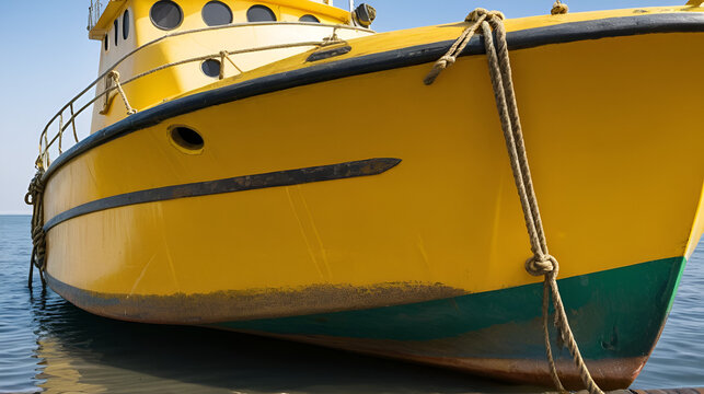 Bow of yellow boat with waterline, fairlead, raised anchor, rubber fender and draft marks on ship bow. Ship bow of fishing boat close-up. Front part of hull of fishing vessel with traces of rust