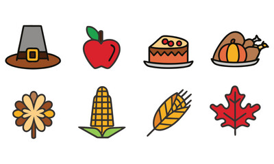 Thanksgiving Icons Set Pilgrim Hat, Apple, Pumpkin Pie, Turkey, Corn, Wheat, Maple Leaf, and Autumn Flower