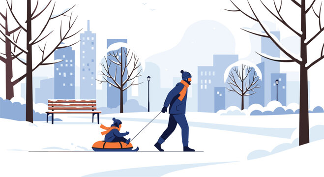 A father and child enjoy a snowy winter day sledding through a park with city buildings in the background - Powered by Adobe
