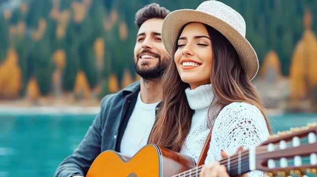 A happy couple enjoys a day by the lake, playing guitar and singing together.