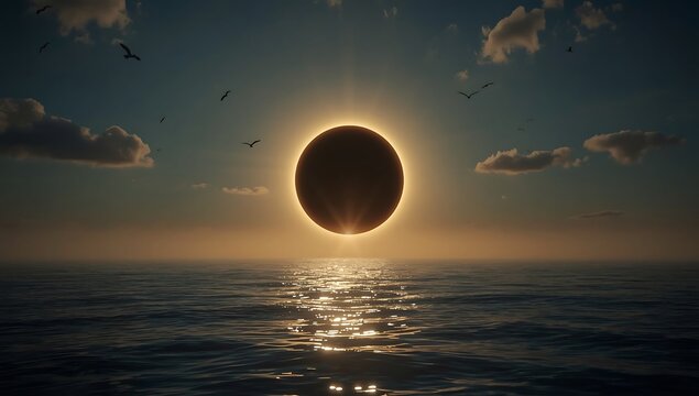 A total solar eclipse over a calm ocean with birds flying and clouds in the sky at sunset time