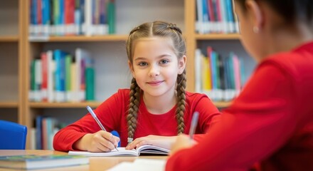 Young girl writing in notebook in library with braids and red shirt focused learning high quality professional
