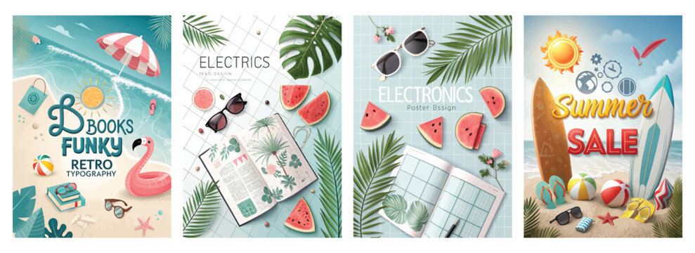 A vibrant summer-themed graphic featuring playful elements like sunglasses, watermelons, and tropical leaves.