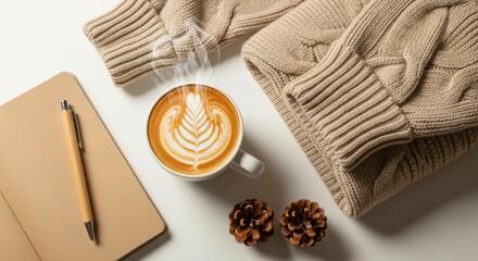 Cozy autumn morning scene with latte and knitted sweater