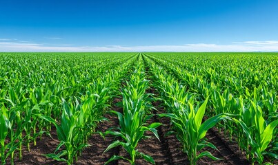 Fototapeta premium Campo di mais verde rigoglioso sotto un cielo azzurro limpido, con file ordinate che si estendono all'orizzonte.