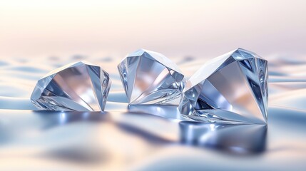Three diamonds on a smooth surface, soft light.  Possible use Jewelry advertisement