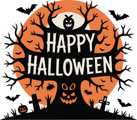 Obraz premium Happy Halloween Vector Art Spooky Tree with Bats, Pumpkins, Full Moon - Flat Silhouette Design for Greeting Cards, Party Invitations, and Holiday Decor