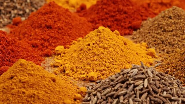A vibrant assortment of ground spices and whole cumin seeds, including turmeric and paprika, arranged in colorful piles.