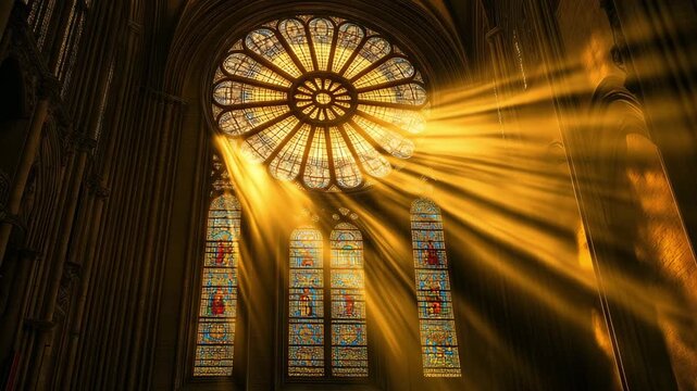 Sunlight pours through stained glass windows in a historic cathedral, creating beautiful patterns across the floor as morning light shines