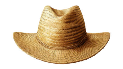 Traditional woven straw summer hat with wide brim isolated on white background