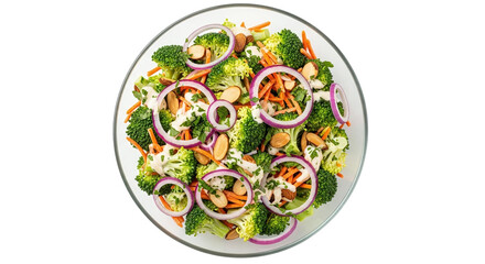 Broccoli and carrot salad with onion and almonds isolated on transparent background