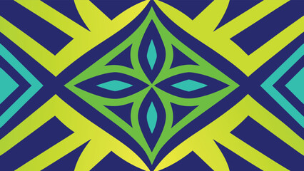 Geometric Diamond Pattern with Teal, Green, and Yellow Accents on Blue abstract symmetrical
