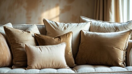 A variety of beige and brown cushions arranged on a light-colored sofa in a cozy living room.