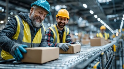 A group of warehouse workers wearing high-visibility vests prepare cartons for delivery