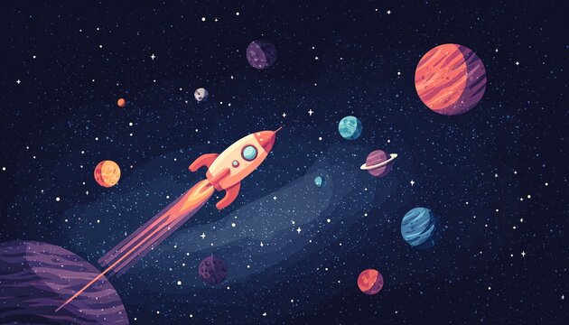 Un razzo spaziale stilizzato vola attraverso un universo colorato pieno di pianeti e stelle scintillanti.