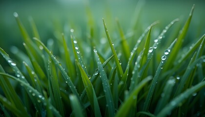 Obraz premium Fresh Water Droplets on Grass Blades with Soft Blurred Background