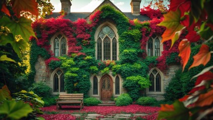 Fototapeta premium Colorful ivy-covered historic house with gothic windows and a garden, glowing under sunset light.