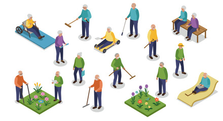 Elderly people engaged in outdoor activities and exercise in isometric style