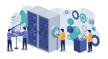 Data center management with isometric server racks and team collaboration